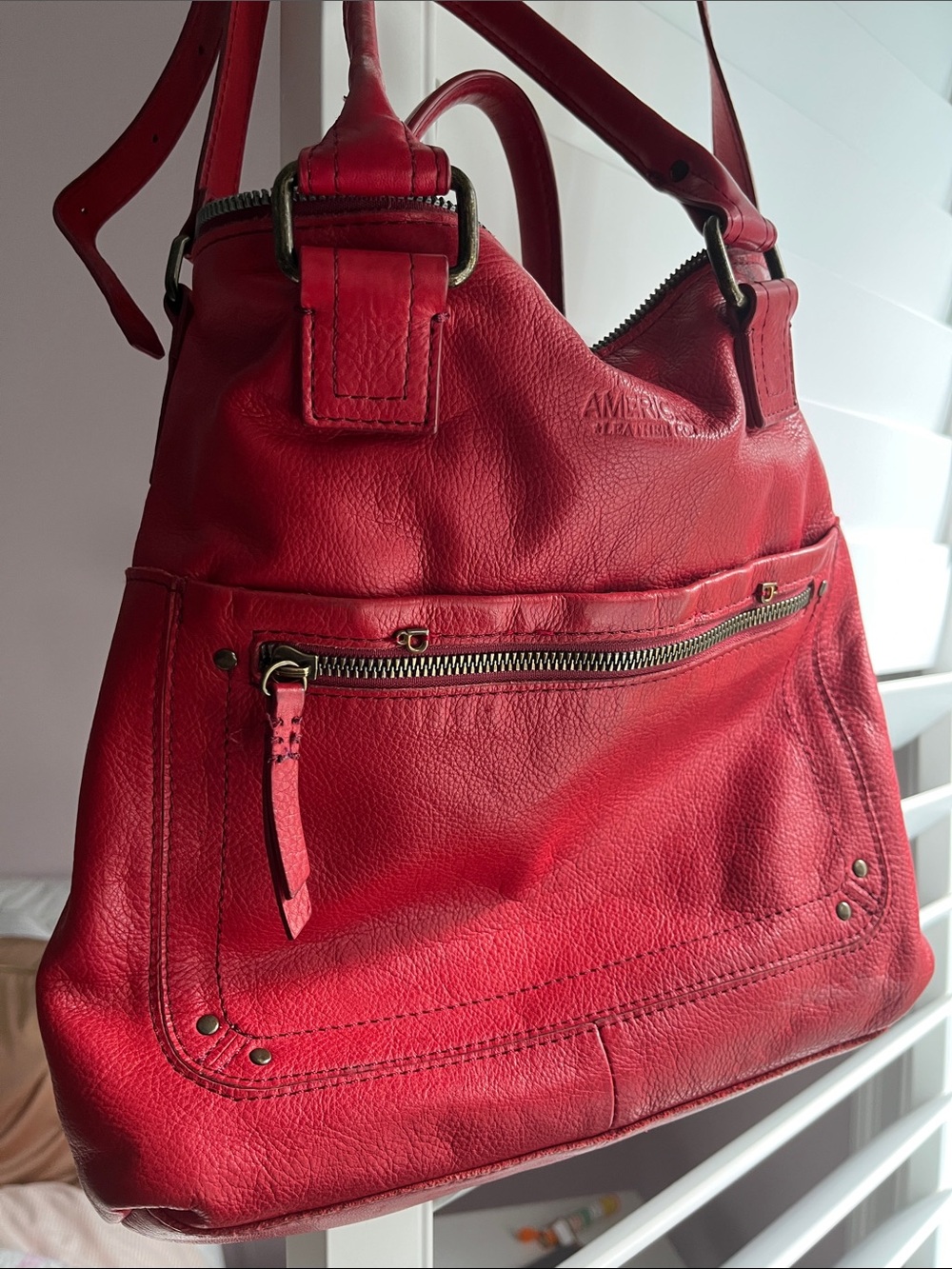 American Leather Co. Red Leather Shoulder Bag with Front Zip Pocket - Picture 2 of 16